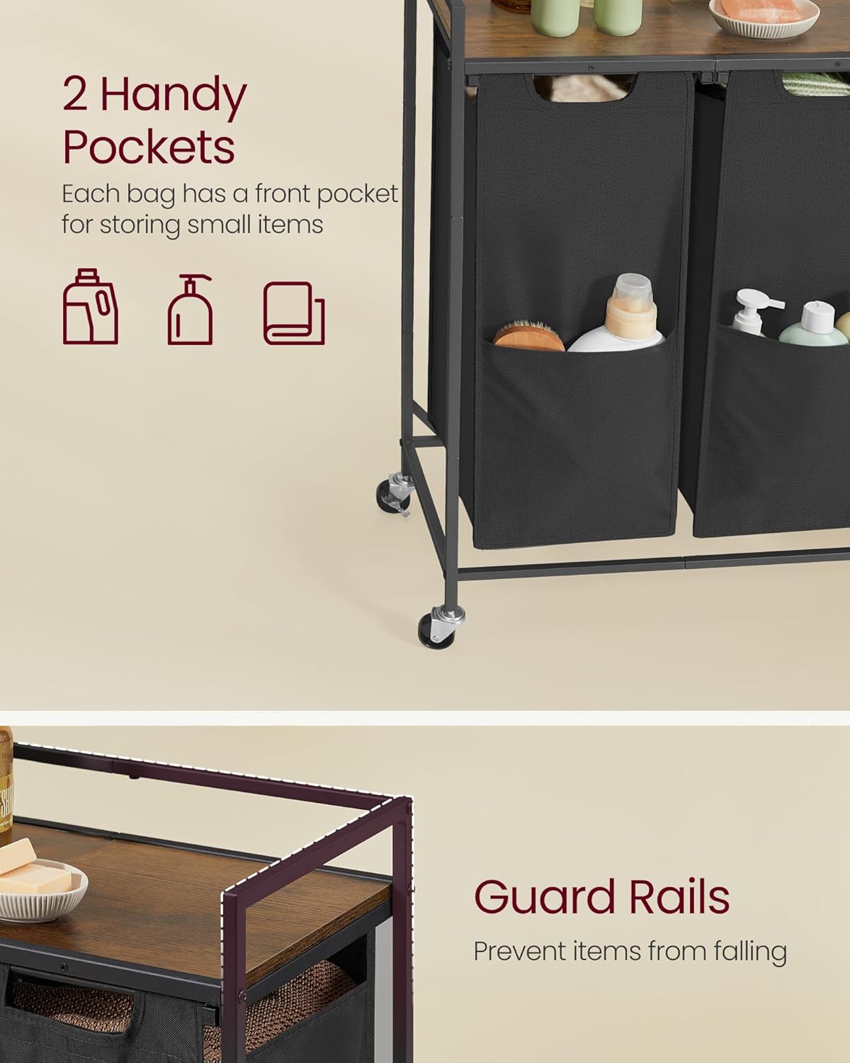 VASAGLE Laundry Sorter, 29 Gal. (110 L) Laundry Hamper Basket with 2 Compartments, Rolling Cart with Wheels, Shelf, Removable Bags, Pockets, Ink Black and Rustic Brown UBLH021B01