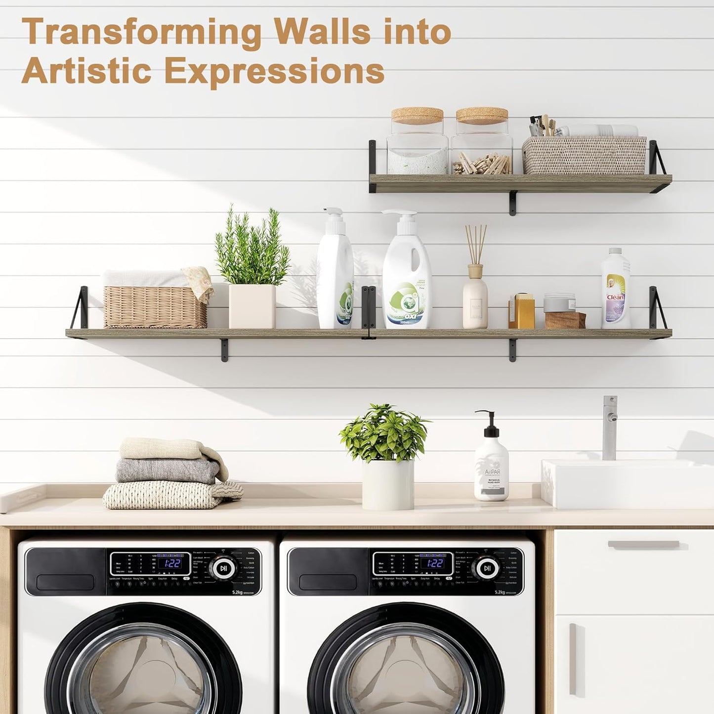 Fun Memories Floating Shelves, 32 x 8 Inches, Set of 3 Wall-Mounted Bookshelves with Metal Brackets, Decorative Storage for Home and Office (Grey)