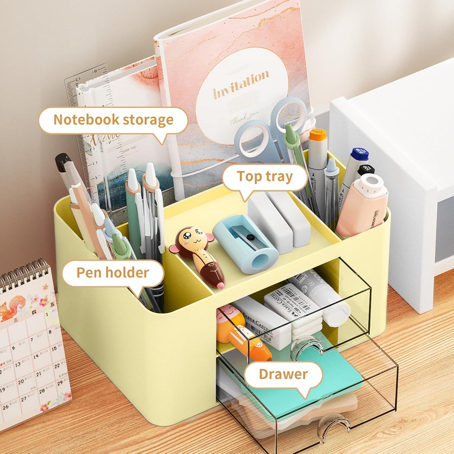 Marbrasse Pen Organizer with 2 Drawer, Multi-Functional Pencil Holder for Desk, Desk Organizers and Accessories with 5 Compartments + Drawer for Office Art Supplies (Yellow)