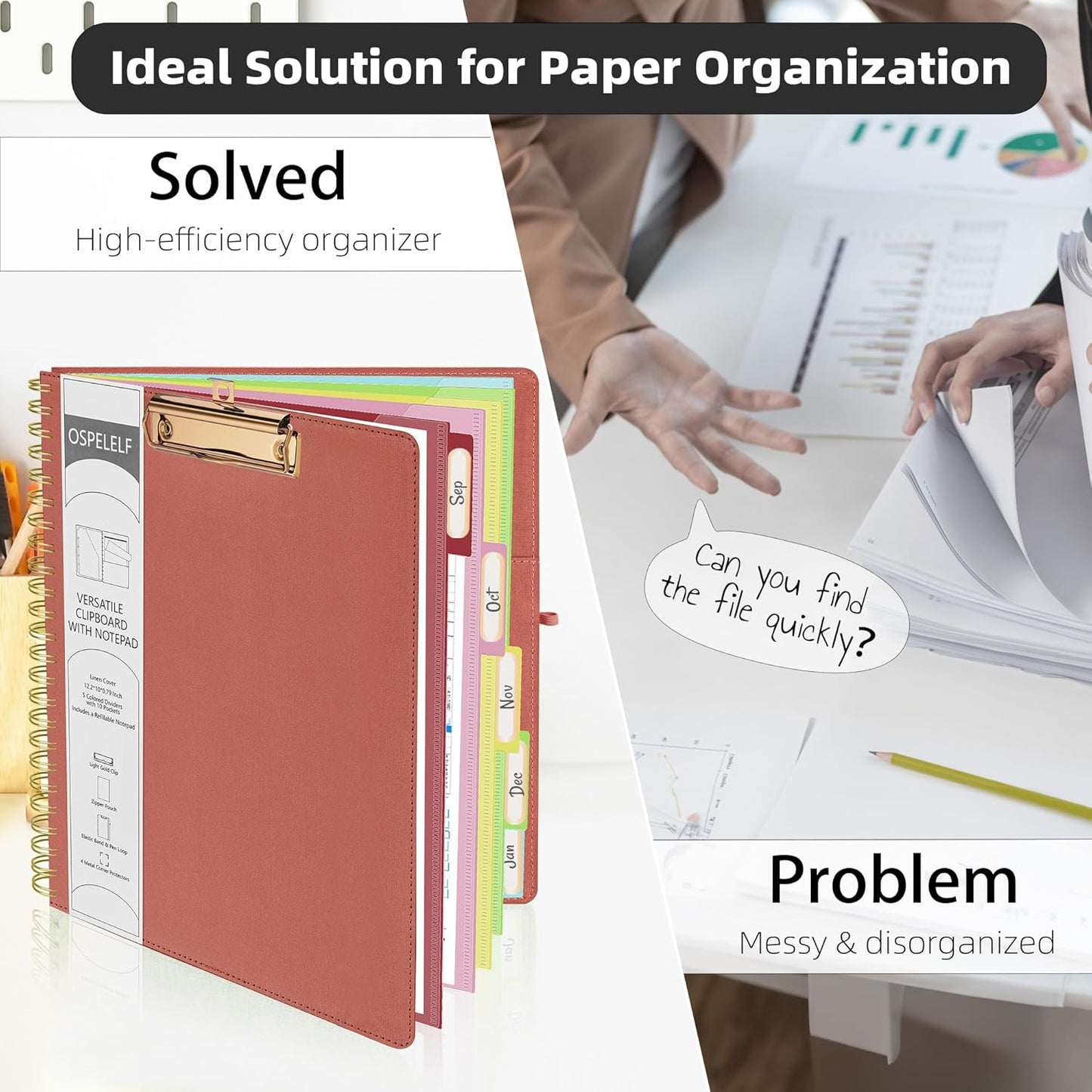 Ospelelf Red Foldable Spiral Clipboard Folio with Storage Zipper Pouch, 5 Plastic Folders with 10 Pockets, Refillable Lined Notepad (11" x 8.5"), Linen Hardcover Project Organizer