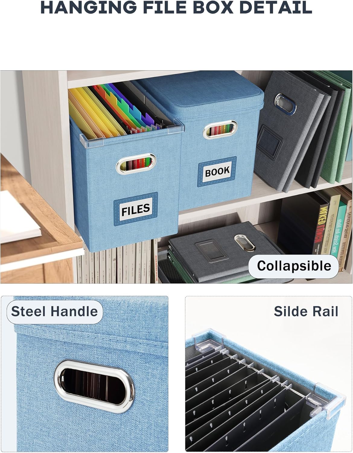 Oterri File Organizer Box with Lid, Hanging Filing File Box with Mesh Pocket, Document Organizer Box for Letter Files, Portable Storage Box with Smooth Sliding Rail for Office&Home (2 PCS, Sky-blue)