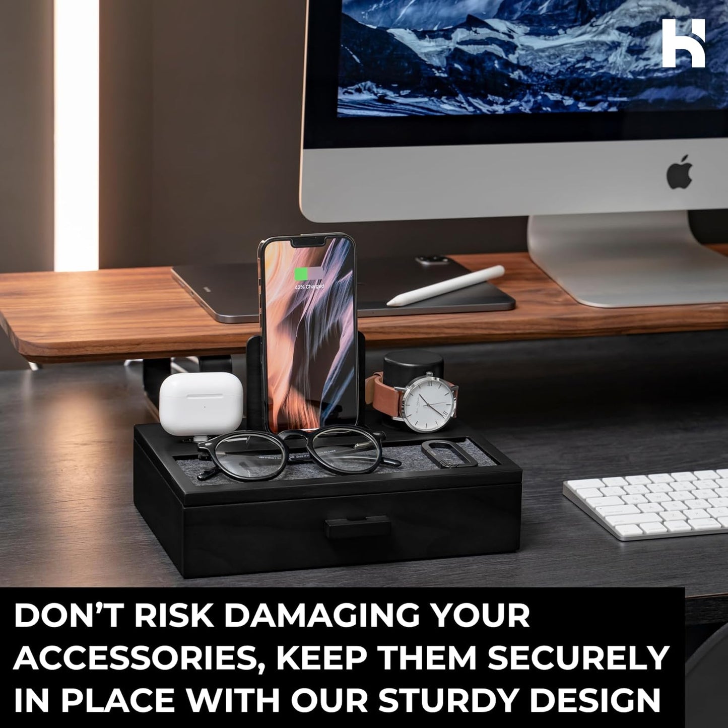 Holme & Hadfield Premium Wooden Phone Docking Station with Drawer – Nightstand Organizer for Charging Phone & Earbuds – Declutter Your Space with Felt-Lined Protection & Watch Pillar – Gift For Men