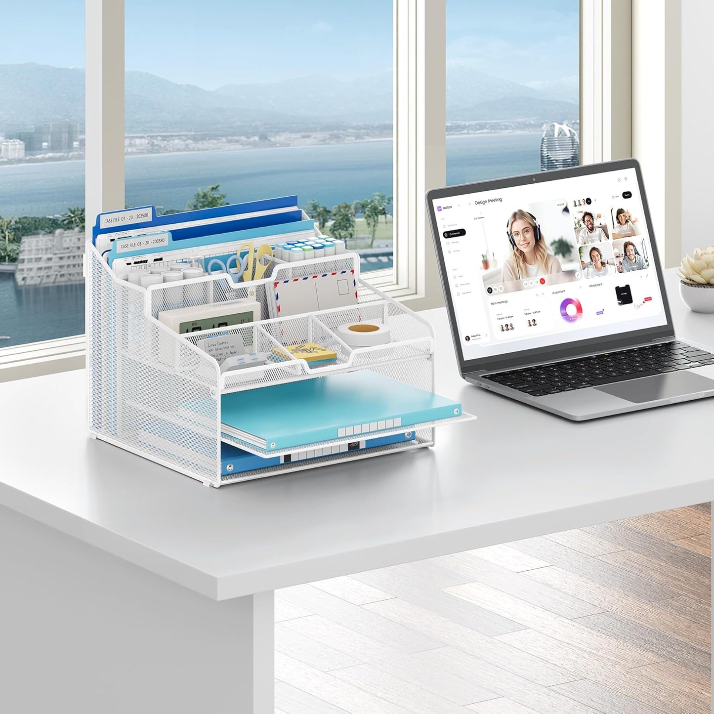 Lavatino Desk Paper File Organizer - Metal Mesh with 2 Letter Trays, 7 Flexible Dividers, 2 Vertical File Folder Holders for Office/Home/Classroom Supplies, Desk Organizers and Accessories, White