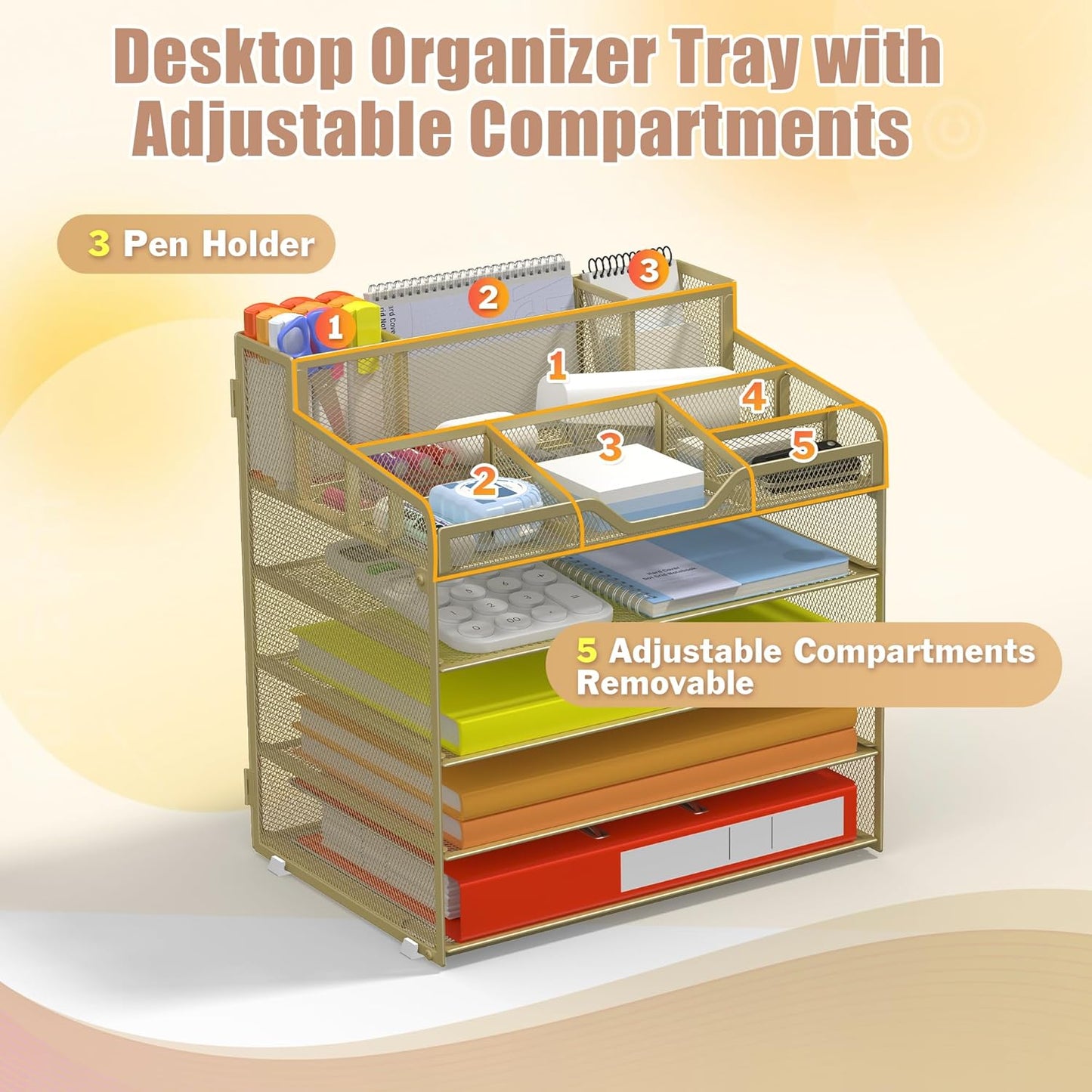 Docnest 5 Tier Mesh Desk Organizer for Paper Office Supplies – Multi-Functional Letter Tray with 5 Adjustable Compartments, 3 Pen Holders, Desktop Storage for Files, Mail, Stationery – Gold Yellow