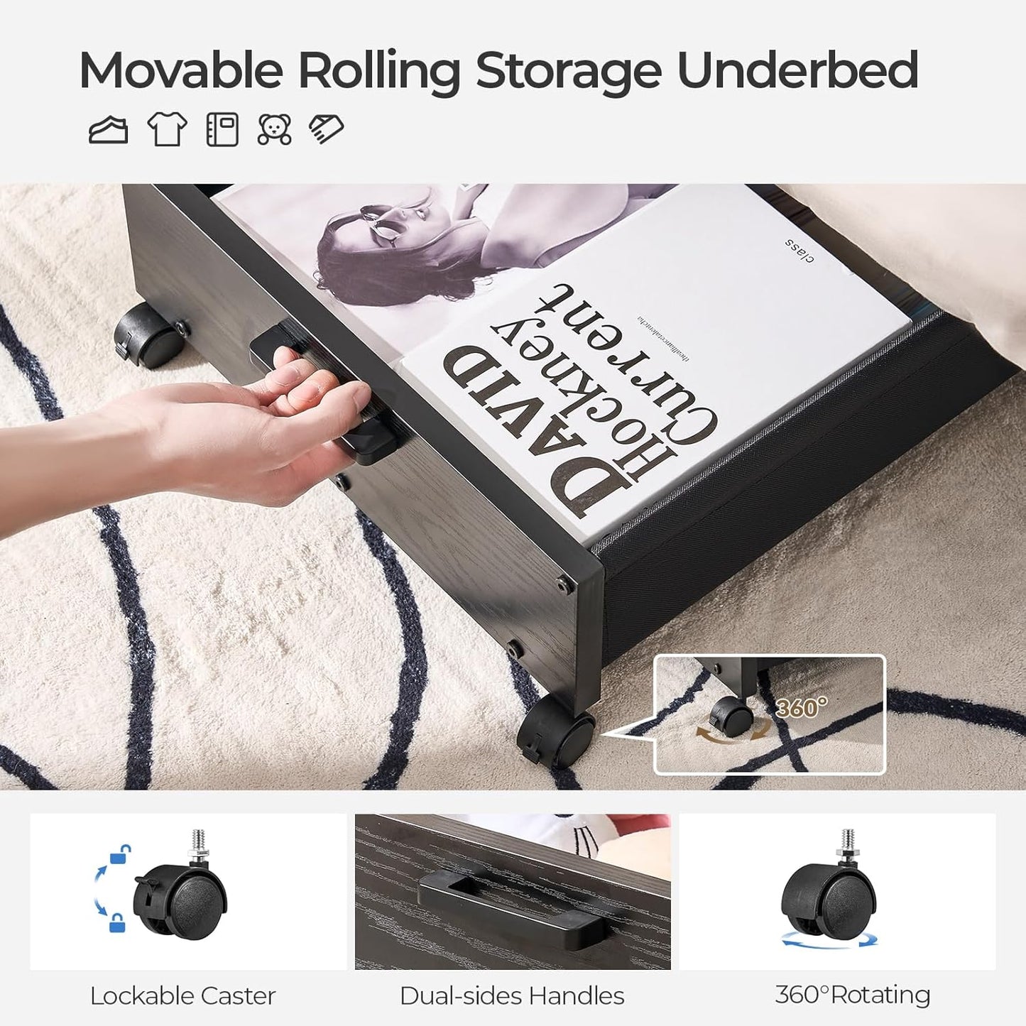 Under Bed Storage with Wheels, Wooden Under Bed Drawers On Wheels, Rolling Under Bed Shoe Storage, Space Saving, Black,30L