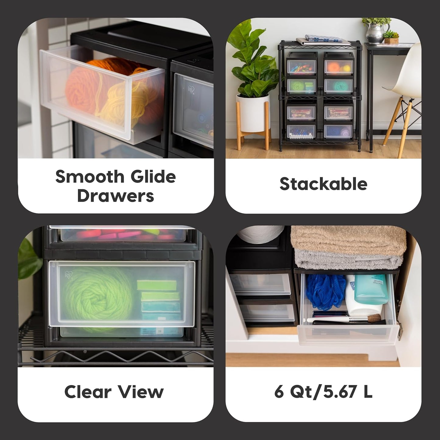 IRIS USA 6 Qt. Plastic Drawer Storage Organizer Stacking Drawers, 8-Pack, Stackable Unit with Sliding Drawer for Clothes Bedroom Kitchen Under Sink Pantry Craft Room Bathroom Dorm Office, Black