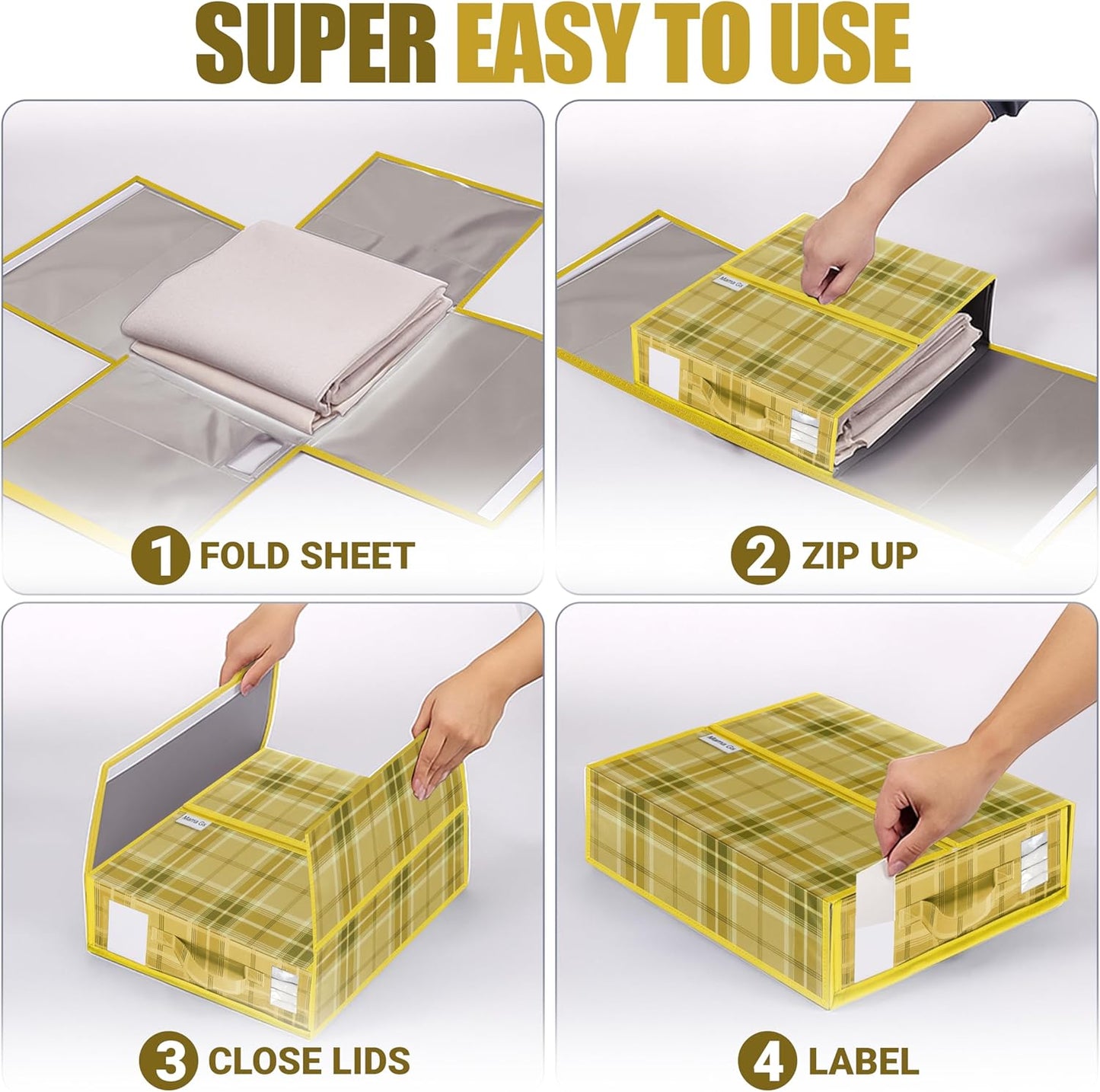 Bed Sheet Organizer Set of 4 – Plaid Sheet Storage 15"x12"x4" – Foldable Bedsheet Holders with Zipper, Window – Closet Organizer for Bedding Storage, Pillows, Duvets, Linen – Yellow