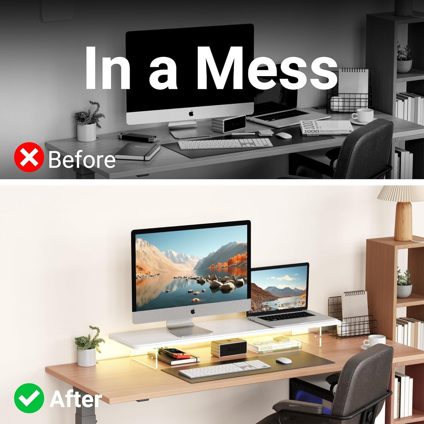 Monitor Stand Riser,31.5-Inch LED Light Wood Computer Monitor Stand with Adjustable Acrylic Legs,Desk Accessories Desktop Organizer Stand for, Computer,Laptop,Printer,PC TV Screen Riser,White