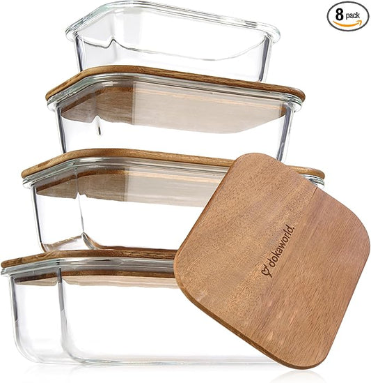 Glass Tupperware Set with Acacia Lids - 4 Stackable Meal Prep Containers. Durable heat resistant Inert Borosilicate Glass