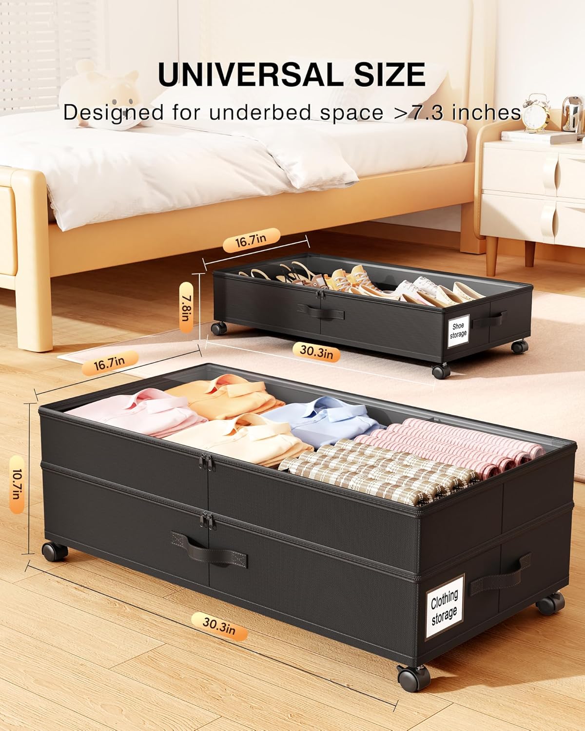 Under Bed Storage with Wheels,2Pack Underbed Shoe Storage Organizer,7.5-10.6 inchTall Adjustable Storage for Underbed with Lids,65L Extra large capacity for Clothes, Blankets,Shoes