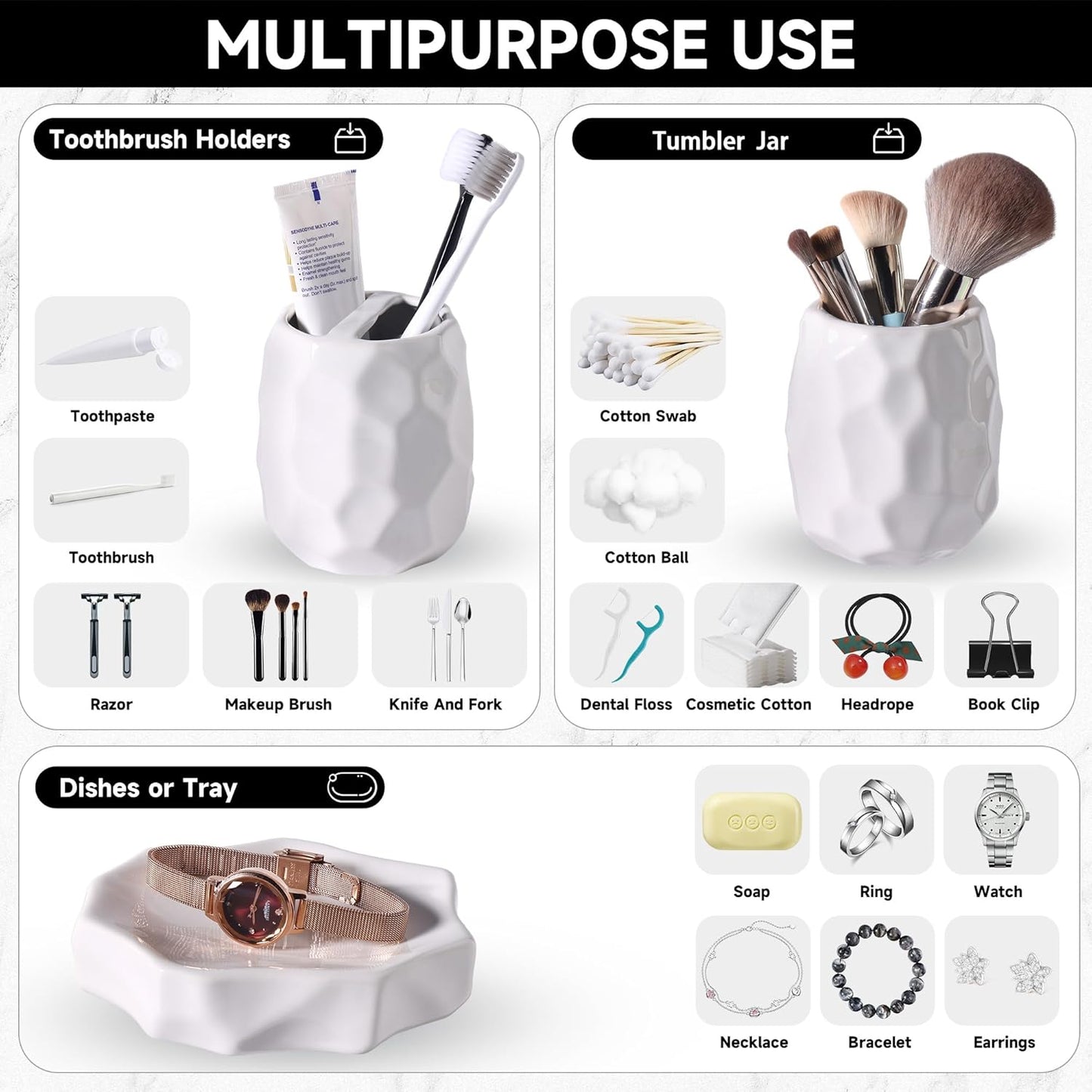 Ceramic Bathroom Accessories Set 4 PCS,Bathroom Toothbrush Holder Set,Soap and Toothbrush Holder Set,Include Toothbrush Holder,Soap Dispenser,Tumbler,Soap Dish,Bathroom Sets Decor Organizer (White)