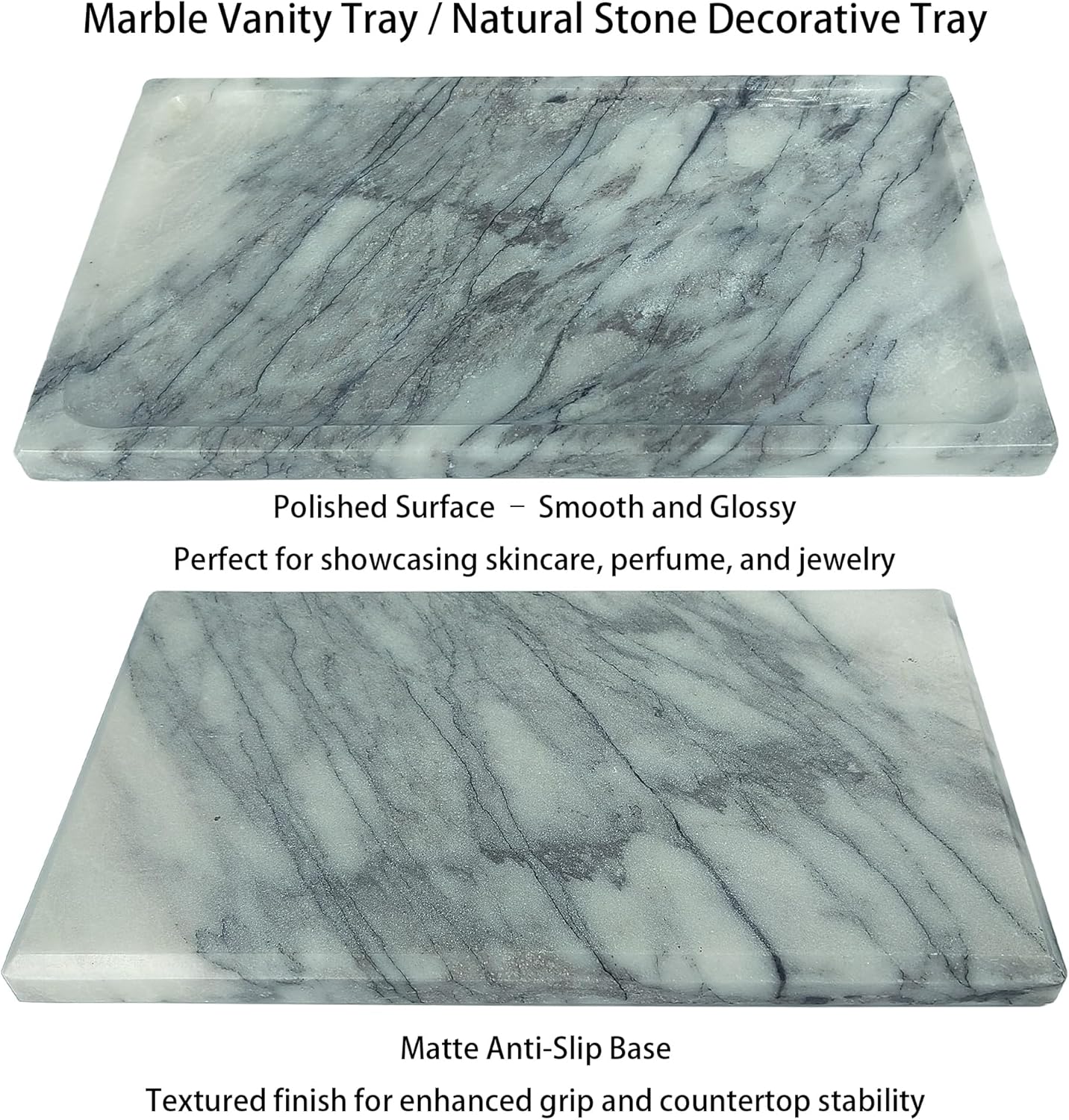 White Marble Vanity Tray – 10.63"x5.91" Rectangular Natural Stone Organizer for Bathroom Perfume Makeup Jewelry Dresser Entryway