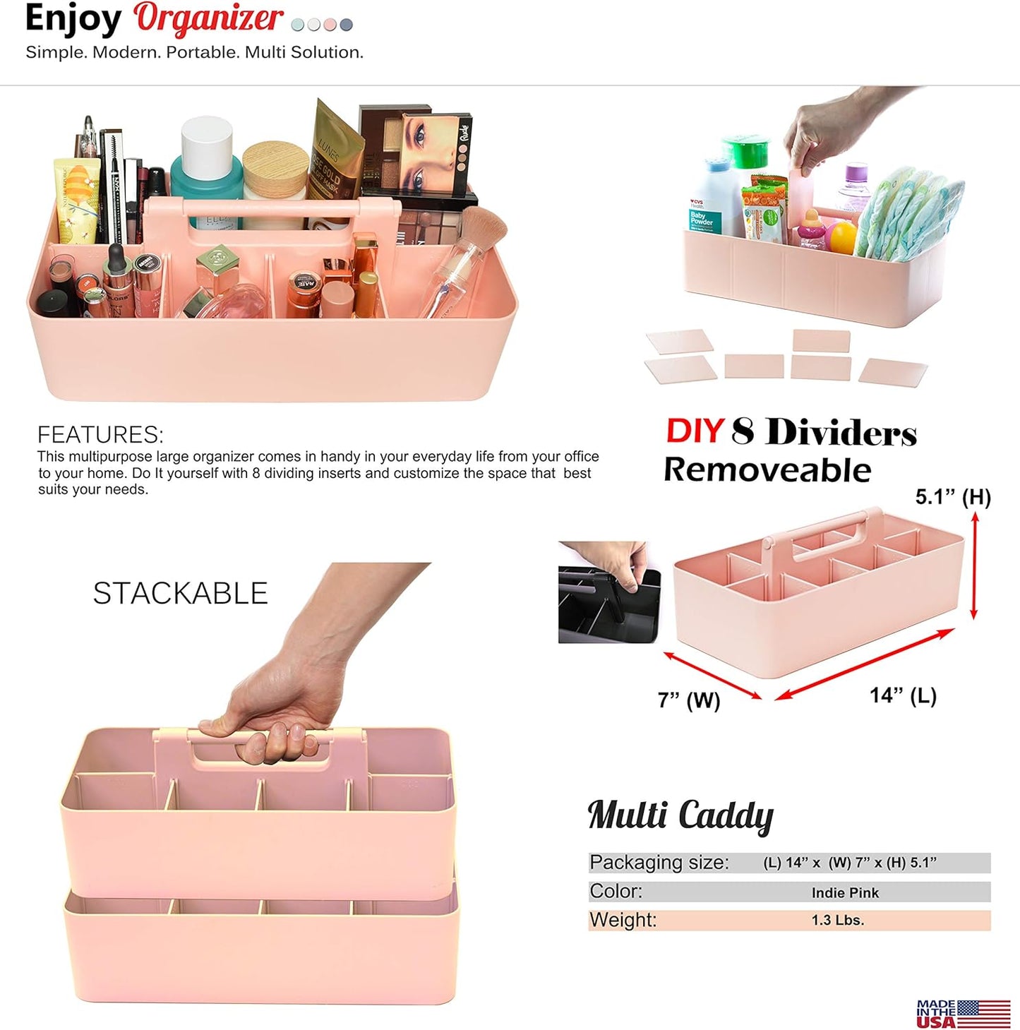 Portable Caddy Organizer -2 Stackable Plastic Caddy with Handle | Desk, Makeup, Dorm Caddy, Classroom Art Organizers (Made In Usa) (Mint/Indie Pink)