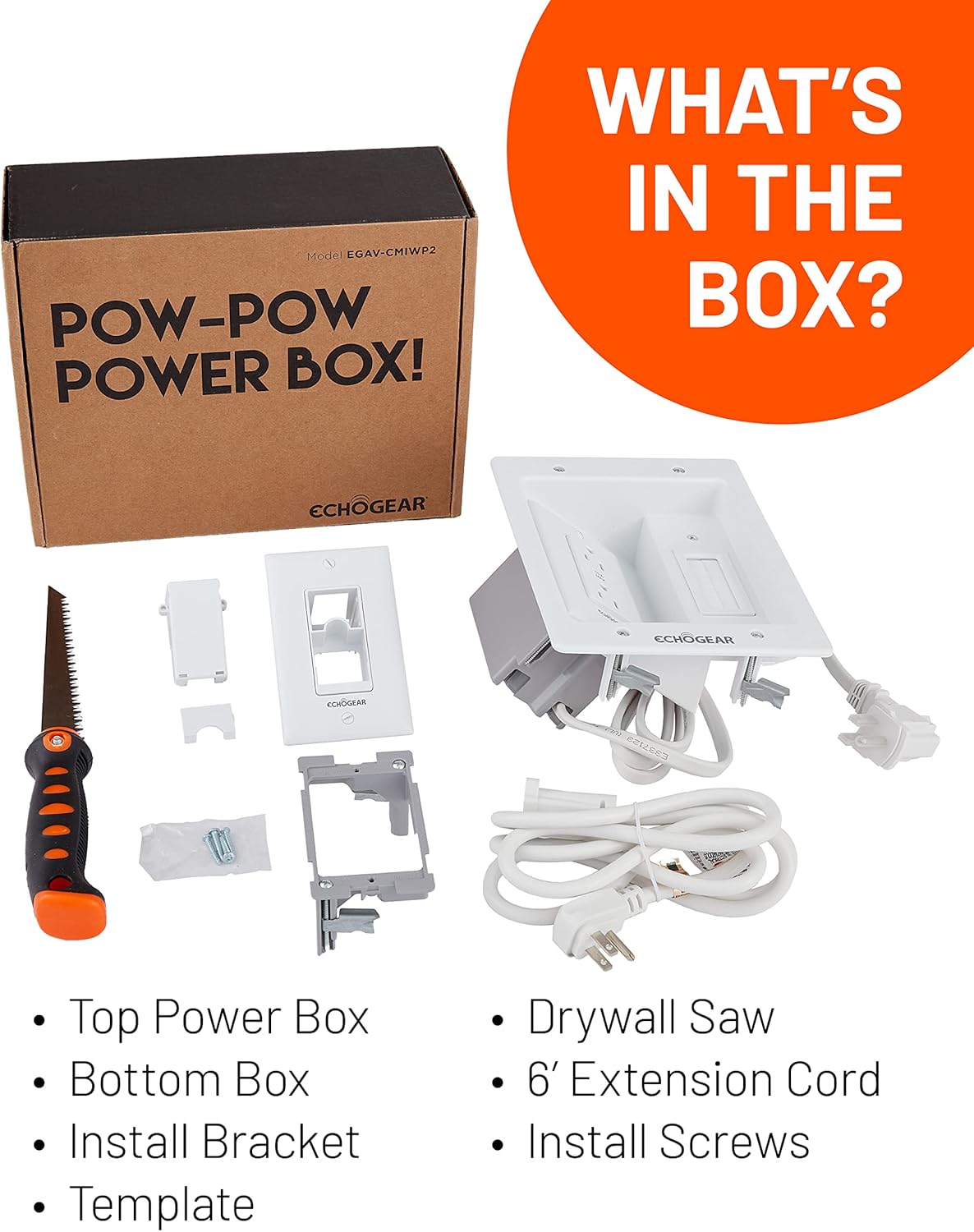 ECHOGEAR TV Cord Hider for Wall Mounted TV – Dual Outlet in-Wall Cable Management Kit for Power & Low Voltage Cables – Includes 6.25”L x 8”H x 3.95”D Module, Wall Template, Saw, 6ft Extension Cord