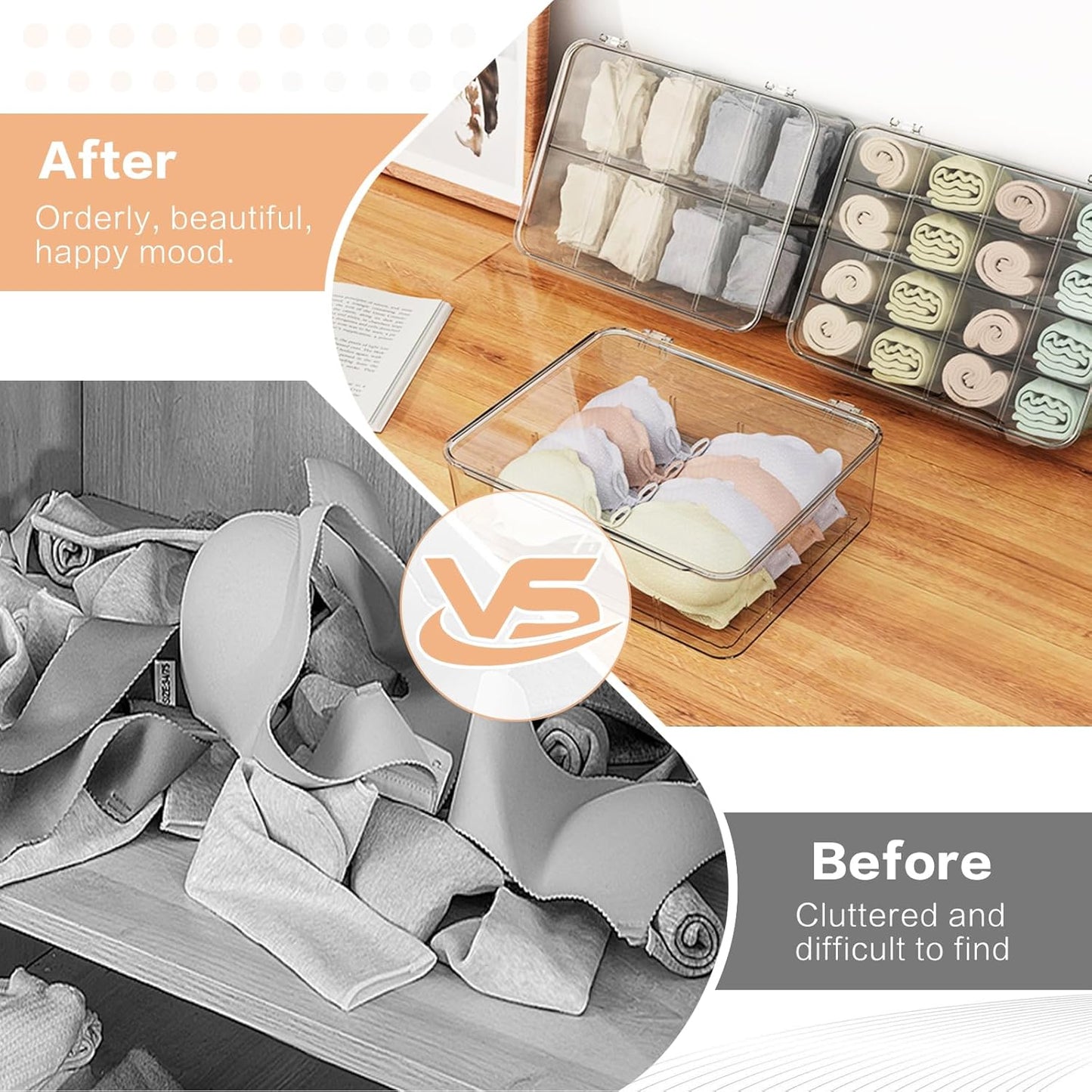 Sock Underwear Organizer, 16 Compartment Adjustable Dividers Bras Socks Underwear Drawer Organizers for Closet, Clear Plastic Storage Containers Box with Lids for Ties Bra Scarf Socks