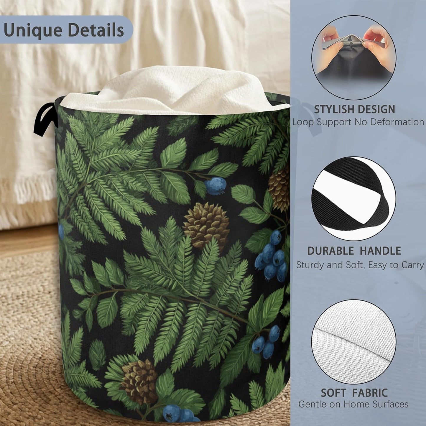 Ferns Blueberry Laundry Basket,Nuts Foldable with Handles Tote Bag Oxford Cloth for Bathroom Bedroom Dirty Clothes Storage Bucket 16" x 20.8"