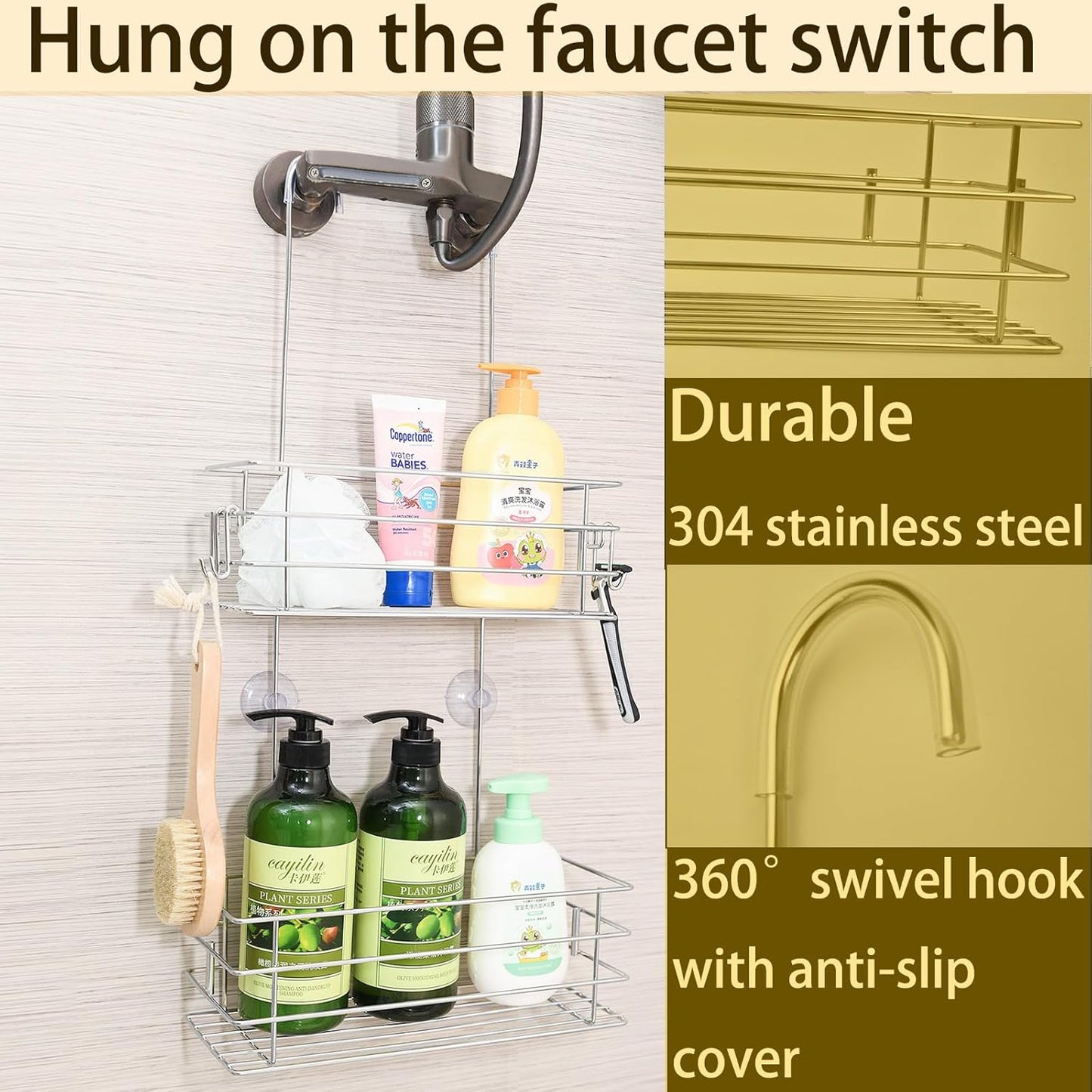 Hanging Shower Rack Shower Caddy with Rotatable Hook bar Over the Door and Can be Hung on the Faucet or Claw Foot, 304 Stainless Steel Rust Proof and Durable (Double-Layer)