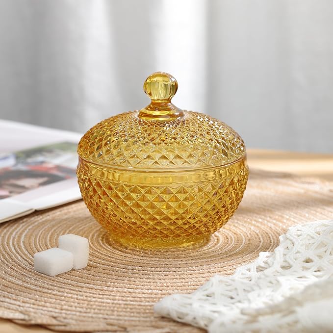 Joeyan 12 oz Small Amber Glass Jars with Lid,Embossed Glass Candy Dishes,Diamond Faceted Food Container,Decorative Jewelry Box Apothecary Canisters,Colored Kitchen Bathroom Buffet Storage Organizer