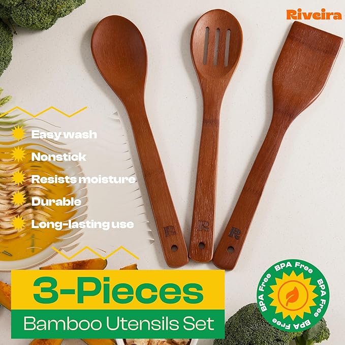 Riveira Premium Brown Bamboo Wooden Spoons for Cooking Set of 3 – Premium Brown Bamboo Wooden Cooking Utensils, Wooden Spatula, Wooden Spoon - Premium Quality Wooden Utensil Set for Non-Toxic Cooking