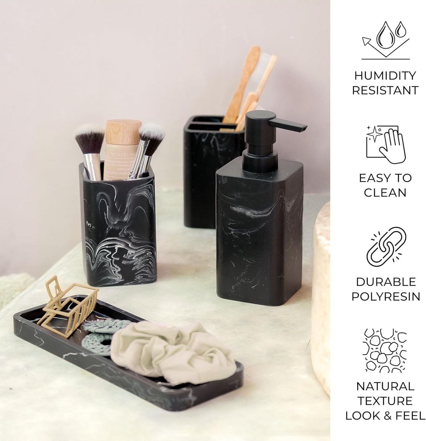 ZCCZ Black Bathroom Accessory Sets, 4 Pieces Bathroom Accessories Complete Set Vanity Countertop Accessory Set Marble Look, Includes Lotion Dispenser Soap Pump, Tumbler, Toothbrush Holder and Tray