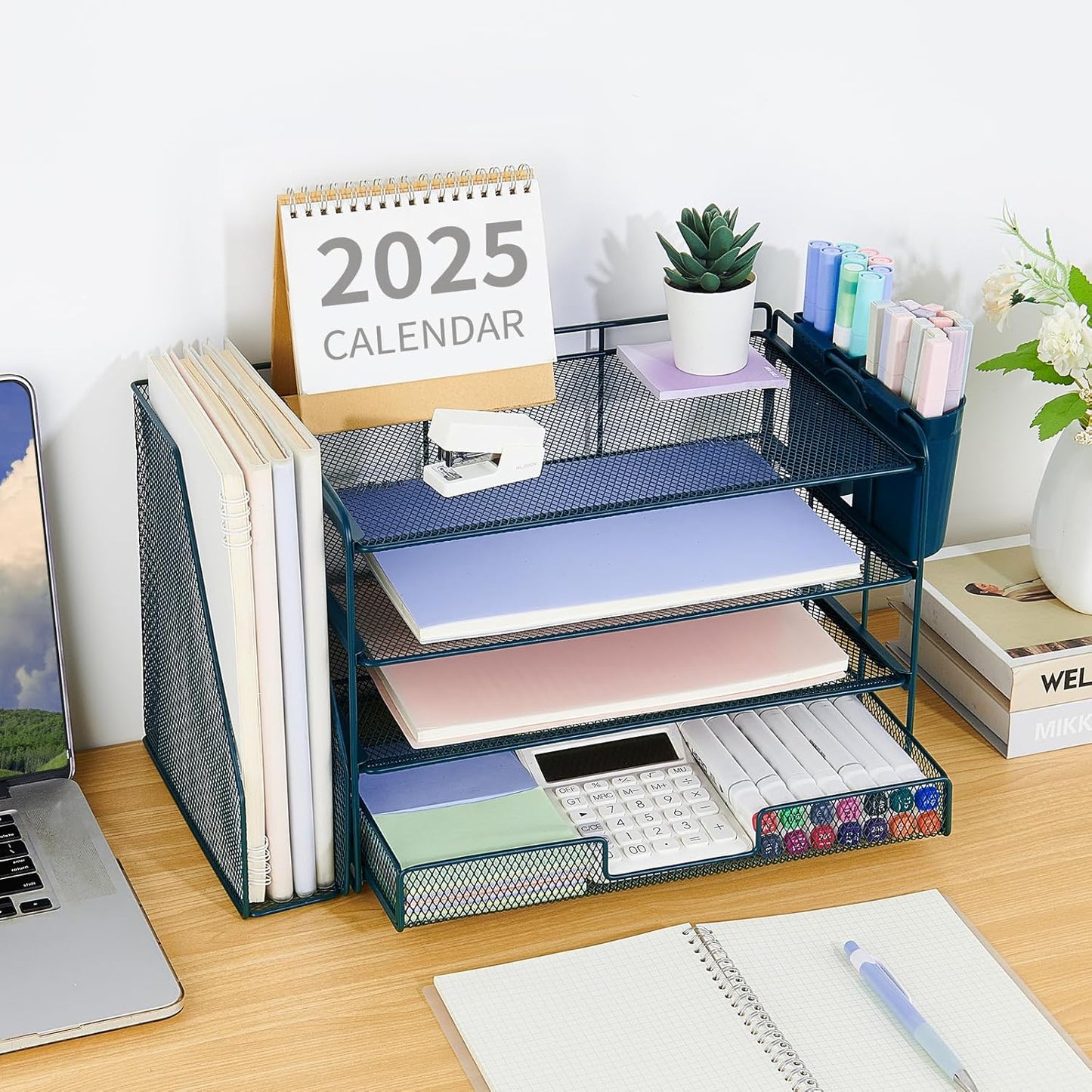 Desk Organizer and Accessories, 4-Tier Desktop File Organizer with Drawer and 2 Pen Holders, Office Desk Accessories, File Sorters, Workspace Organizers for Office Supplies(Dark Blue)