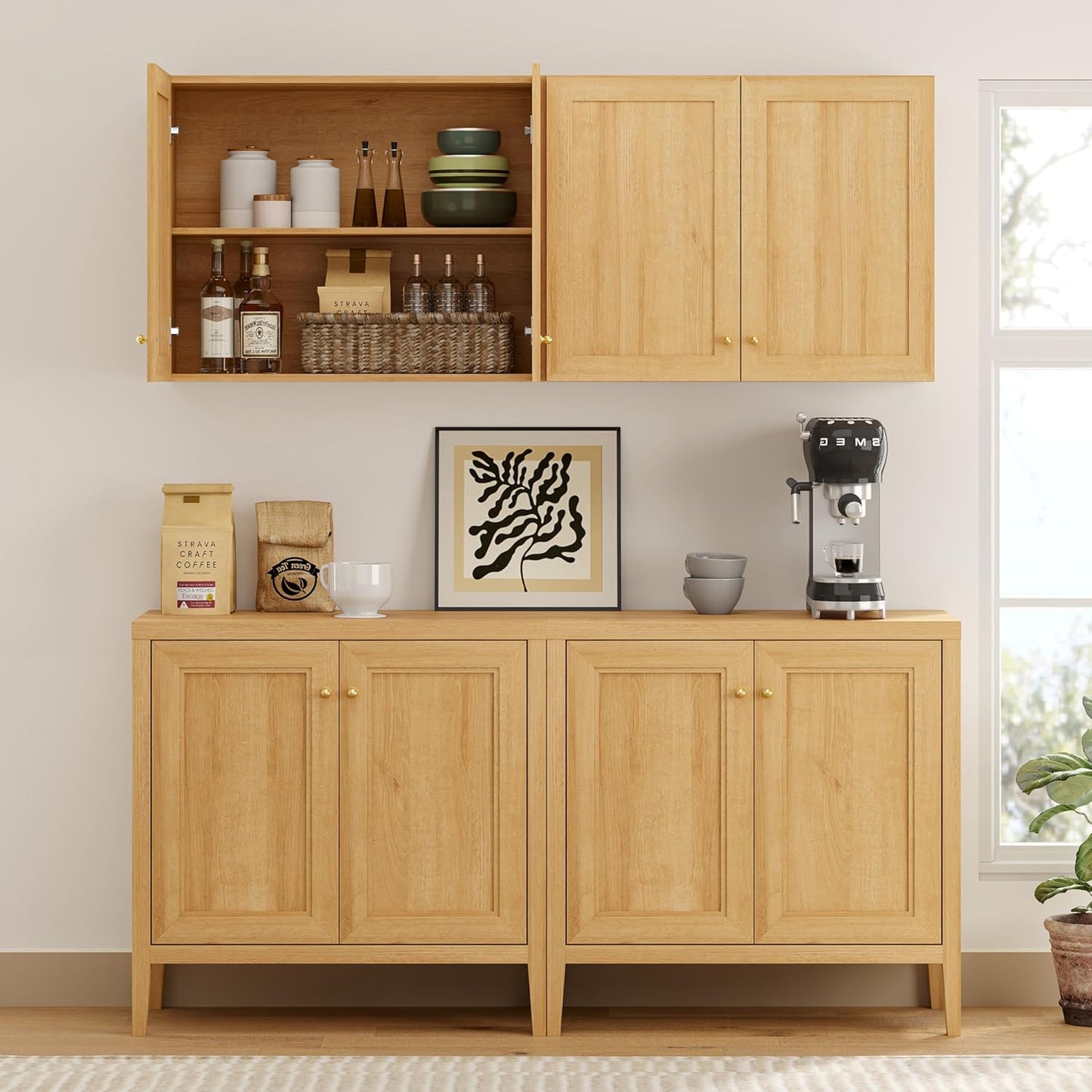 Bathroom Wall Cabinets Set of 2 Wall Mounted Storage Cabinet with Adjustable Shelves Floating Cupboard Kitchen Organizers Pantry Cabinet for Living Room, Laundry Room, Natural Oak