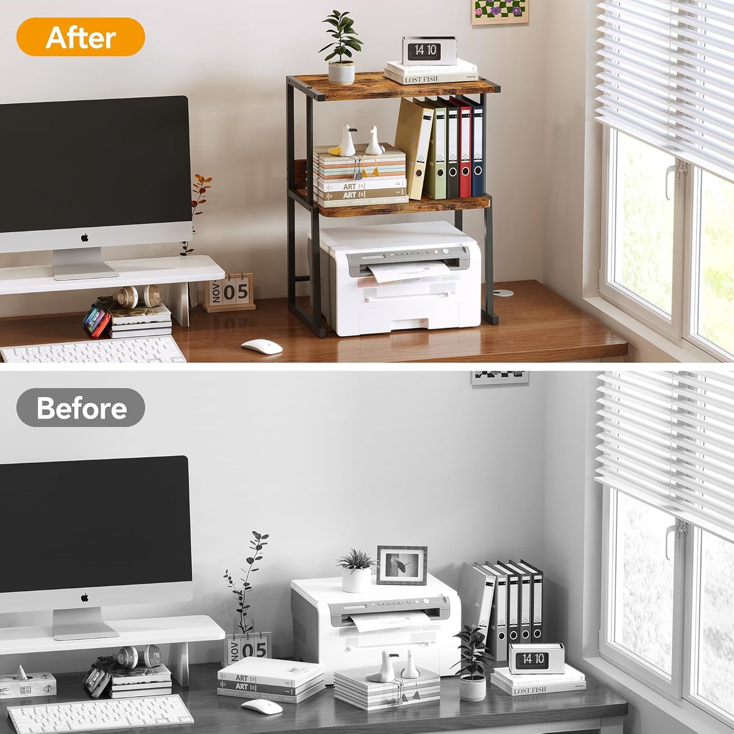 Homeiju Printer Stand for Desk with Storage, 3-Tier Shelves Organizer with Wood Top, Heavy Duty Metal Frame for Home Office, Holds Printer, Books, Supplies, Rustic Brown