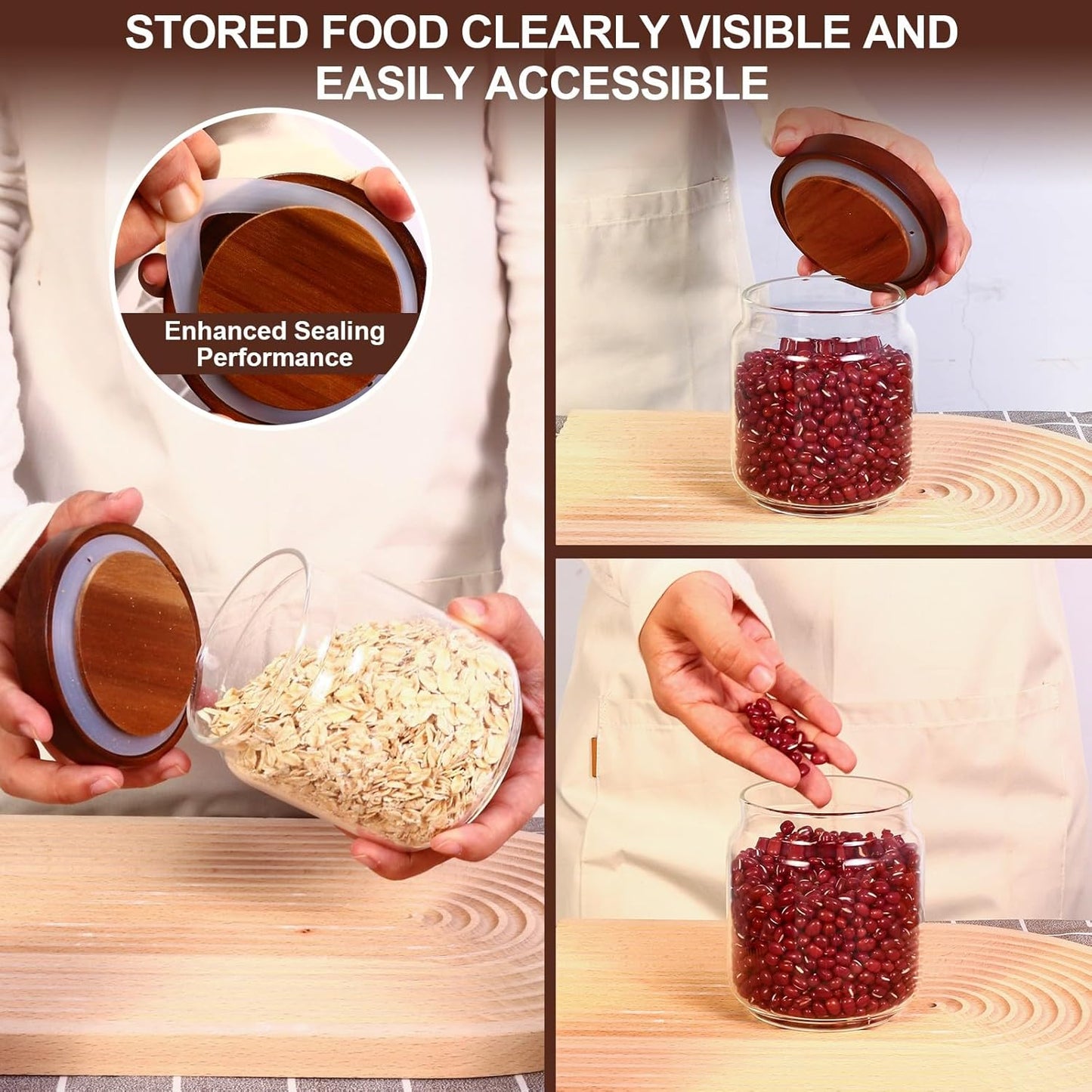 16oz Glass Airtight Food Storage Jars with Acacia Wood Lid - Kitchen Canisters for Coffee,Tea,Sugar,Spices,Herbs,and Candy - Airtight, and Stylish for Pantry or Countertop (4PCS)