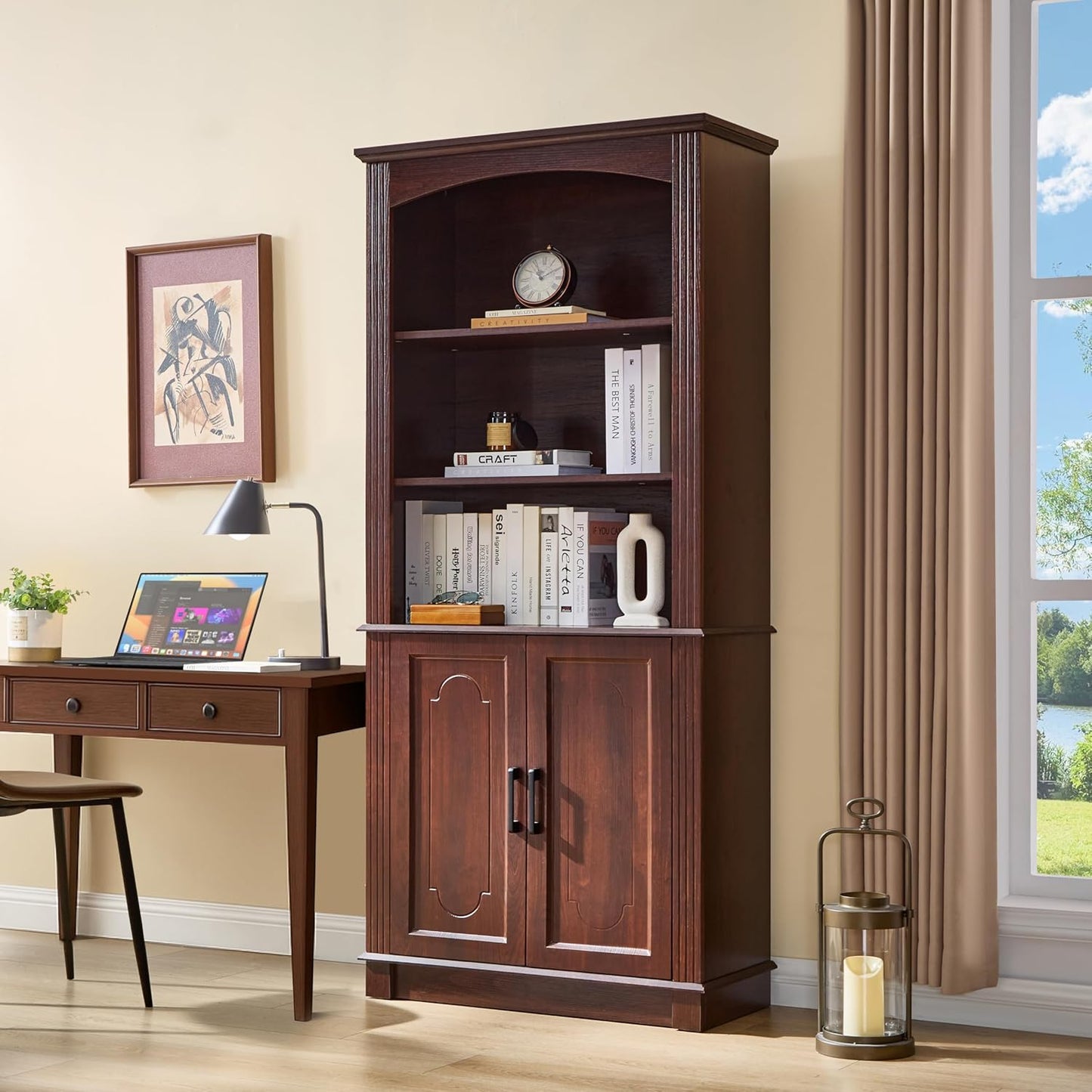 5 Tier Book Shelf and Bookshelf with Storage Cabinet Doors, 72 Inch Tall Bookcase, Wooden Cube Storage Organizer, Kids Bookshelf, Display Cabinet for Bedroom Furniture, Living Room, Pantry Cherry