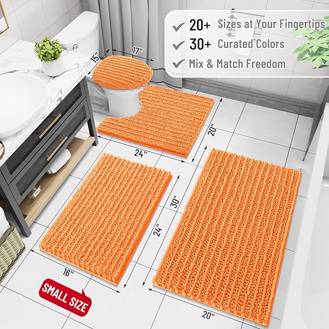 Arotive Luxury Chenille Bathroom Rug Mat, Extra Soft Thick Absorbent Shaggy Bath Rugs, Non-Slip Machine Wash Dry, Plush Bath Mats for Bathroom, Shower and Tub, 34x21, Orange