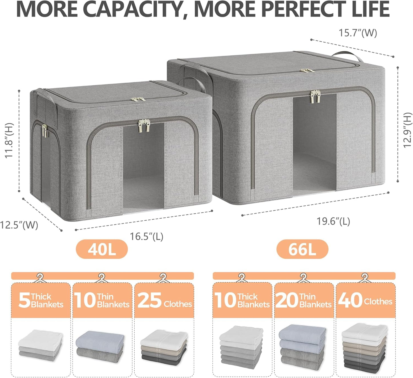 Pinkpum 3 Pack Clothes Storage Bins with Metal Frame, Closet Organizers and Storage Boxes, Sturdy Stackable & Foldable Clothes Organizer Bags with Clear Window & Long Carry Handles, Grey 40L