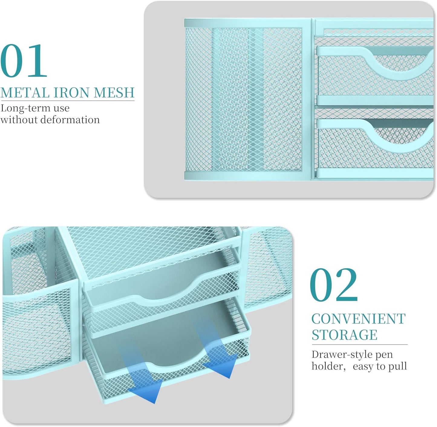 SUPEASY Mesh Desk Organizer, Desk Organizers and Accessories, Pen Holder with Drawers, Pencil Holder for Desk with 2 Drawer for Office Supplies, Blue