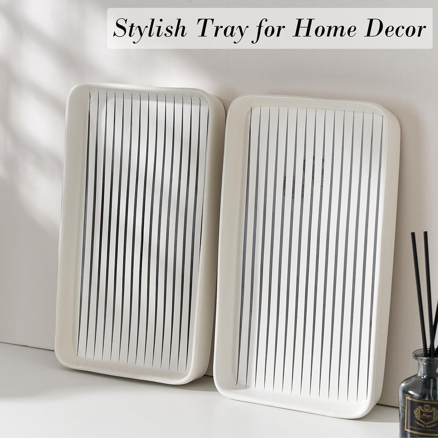 Bathroom Vanity Tray for Countertop,2PC Rectangle Striped Tray,Decorative Bathroom Organizer for Scrubber, Lotion Bottles, Perfume, Jewelry, Candle, Key Trinket Ring(Large,White)