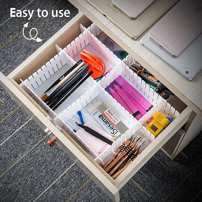 45 Pack Drawer Dividers, Plastic Adjustable Drawer Storage Organizer for Tidying Clutter Socks, Underwear, Makeup, Kitchen, Dresser White