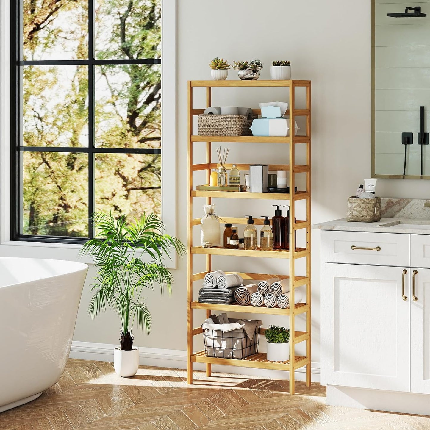 Bamboo Rack, Adjustable Bamboo Shelf, Stand Utility Storage Shelf Multifunctional Bathroom Kitchen Living Room Holder Plant Flower Stand (6-Tier)