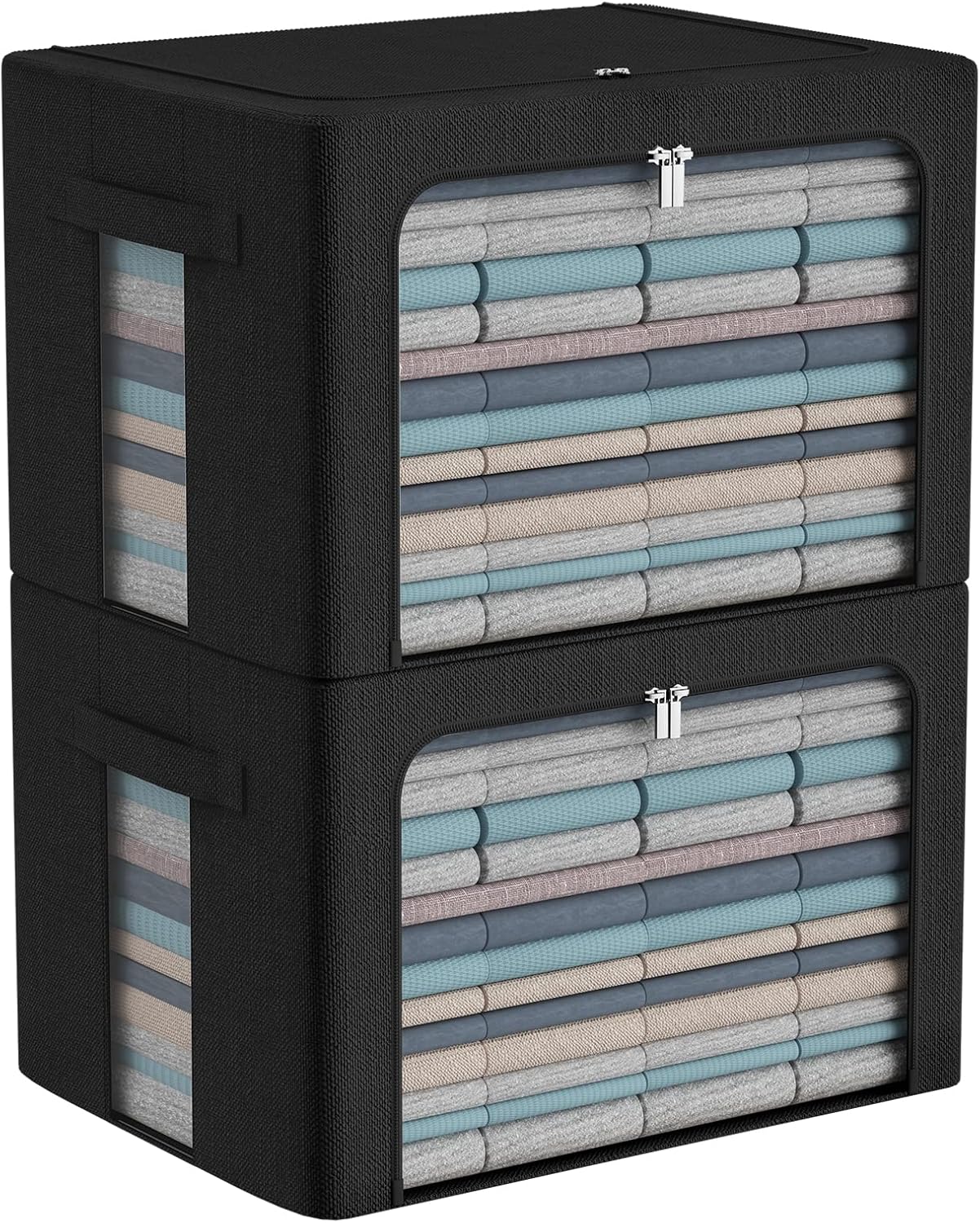 Extra Large Clothes Storage Bins Box - Linen Fabric Foldable Stackable Container Organizer Set with Clear Window & Carry Handles & Metal Frame (Black, Extra Large-100L)