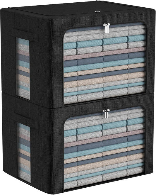 Extra Large Clothes Storage Bins Box - Linen Fabric Foldable Stackable Container Organizer Set with Clear Window & Carry Handles & Metal Frame (Black, Extra Large-100L)
