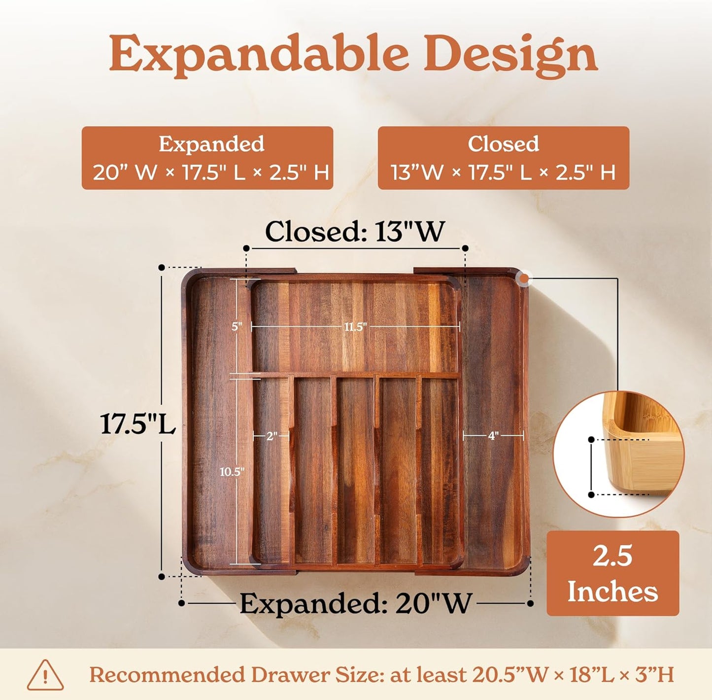 SMIRLY Silverware Drawer Organizer – Bamboo Kitchen Drawer Organizer, Adjustable Utensil Holder and Cutlery Tray, Drawer Dividers for Flatware and Kitchen Utensils