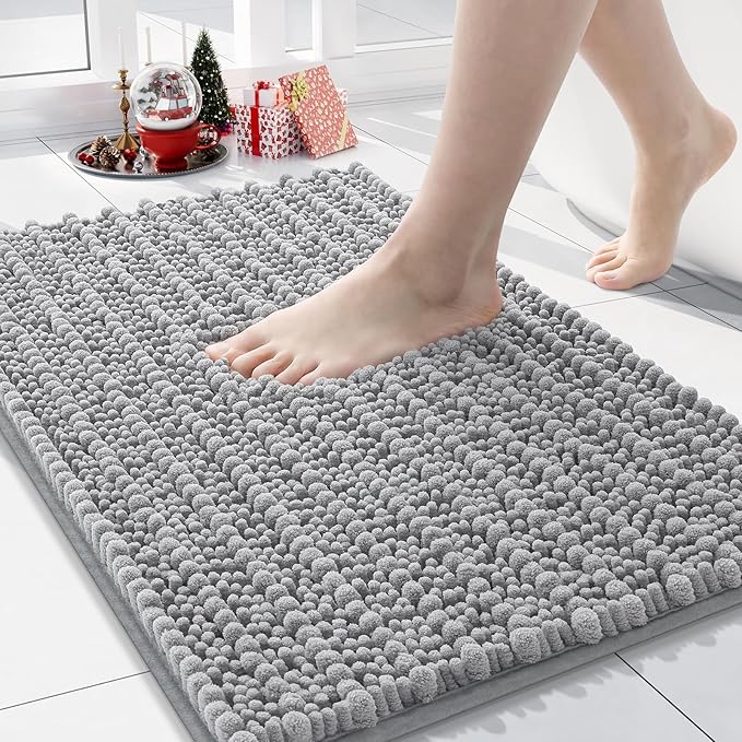 Arotive Luxury Chenille Bathroom Rug Mat, Extra Soft Thick Absorbent Shaggy Bath Rugs, Non-Slip Machine Wash Dry, Plush Bath Mats for Bathroom, Shower and Tub, 24x16, Light Grey