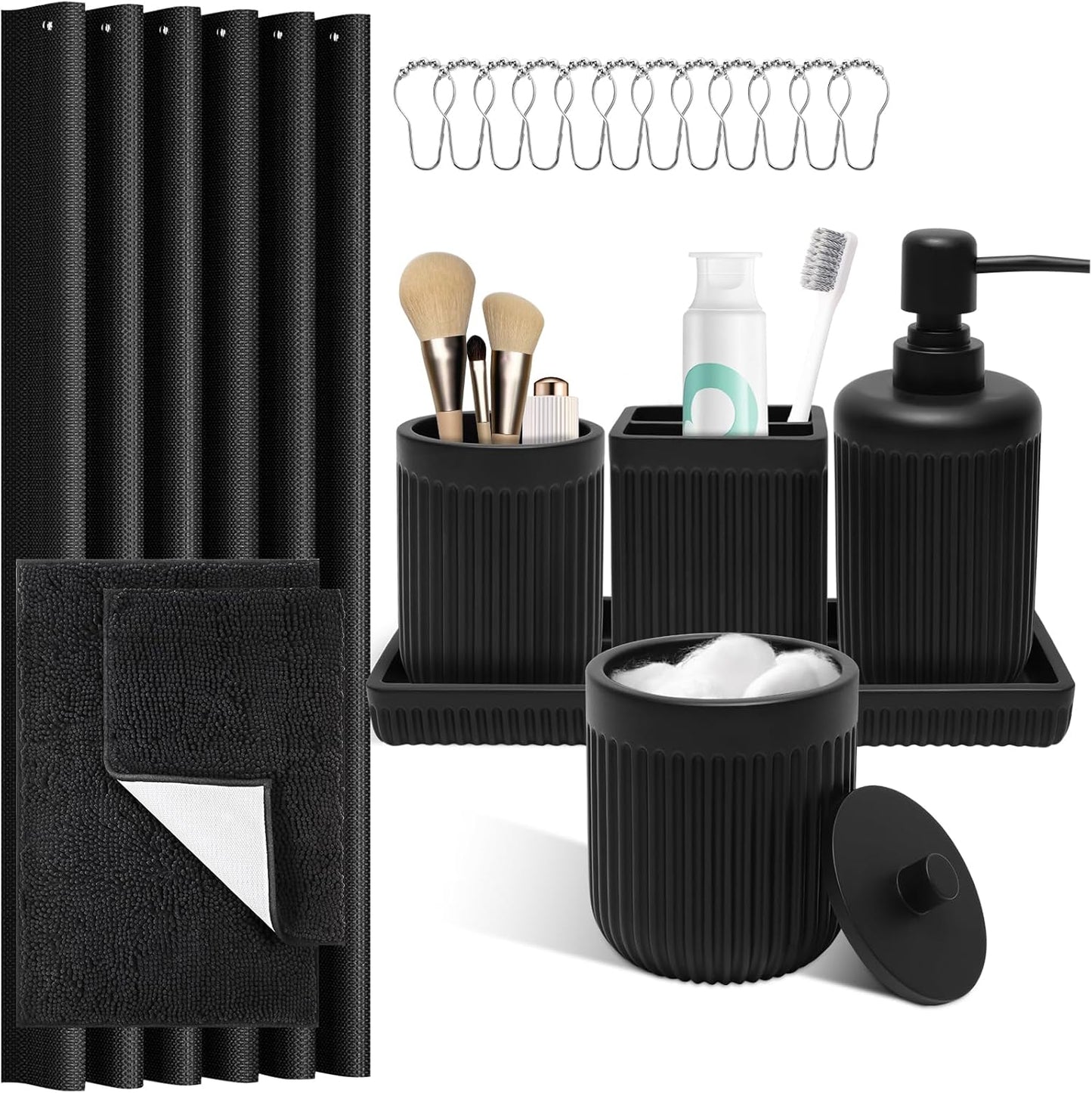 8-Piece Matte Black Bathroom Set - Luxury Resin Bathroom Accessories Sets Complete with Shower Curtain and Rugs, Soap Dispenser, Toothbrush Holder, Cup, Apothecary Jars & Tray