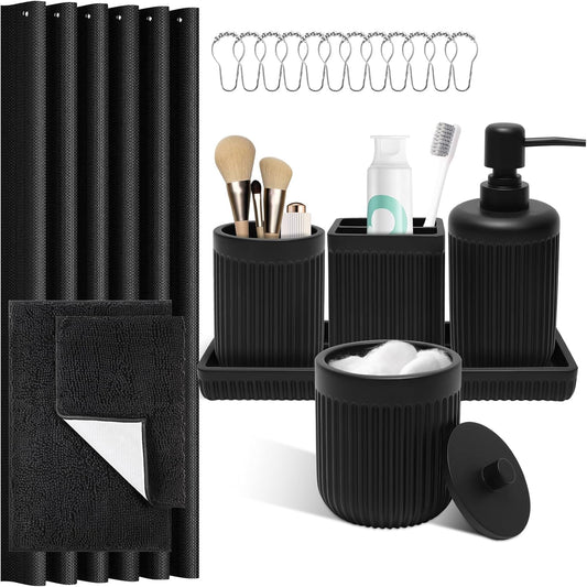 8-Piece Matte Black Bathroom Set - Luxury Resin Bathroom Accessories Sets Complete with Shower Curtain and Rugs, Soap Dispenser, Toothbrush Holder, Cup, Apothecary Jars & Tray