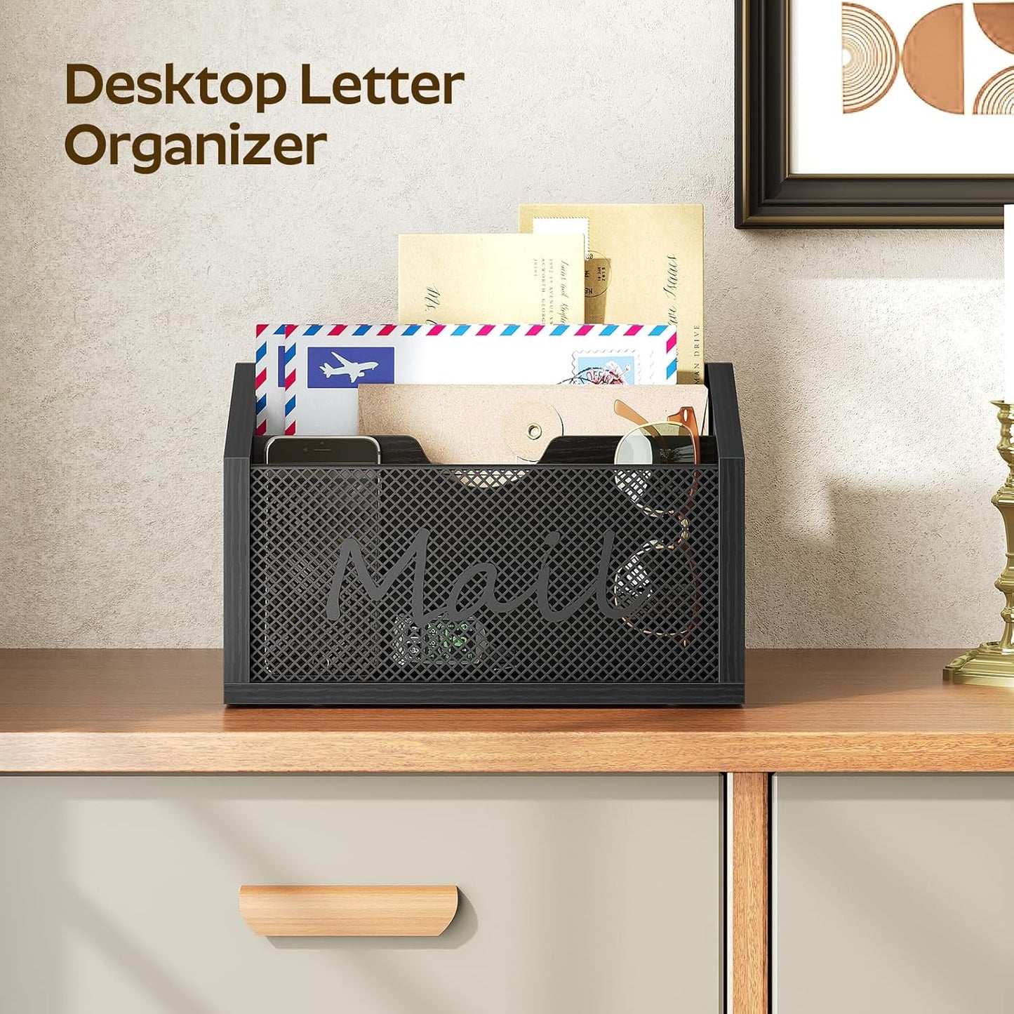 Mail Organizer Countertop, Mail Holder with 3 Slots, Mail Sorter for Desk, Wooden Office Desk Organizer, Mail Organizer for Magazines, Files, Papers, Folders, Black MR03BB