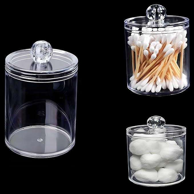 AXX Qtip Dispenser Apothecary Jars Bathroom - Qtip Holder Storage Canister Clear Plastic Jar for Cotton Swab,Q-Tips,Cotton Rounds (D#Clear 3Pcs)