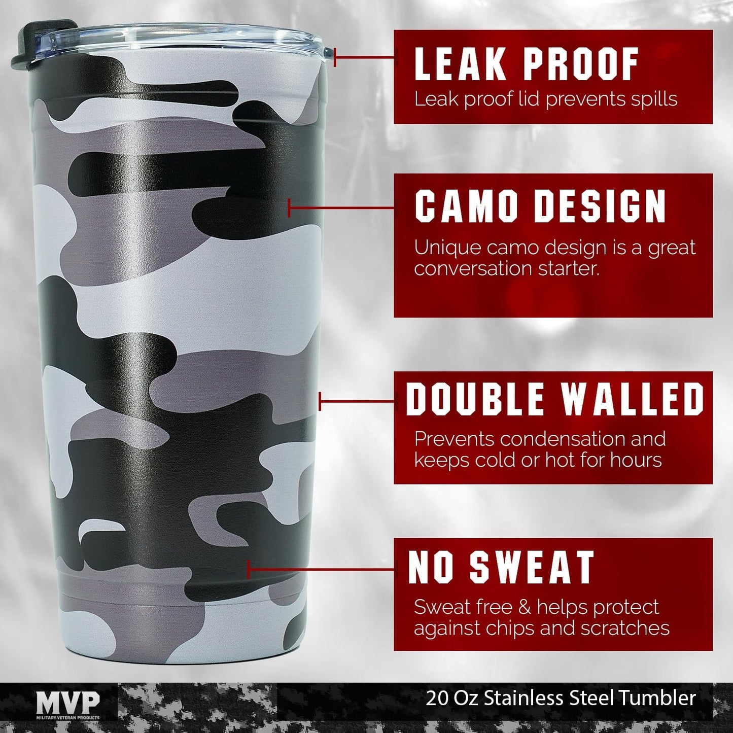 Military Gift Shop Black Camo 20oz Insulated Steel Tumbler with Leakproof Lid-Stainless Steel Vacuum Coffee, Double Wall, Thermal Travel Mug