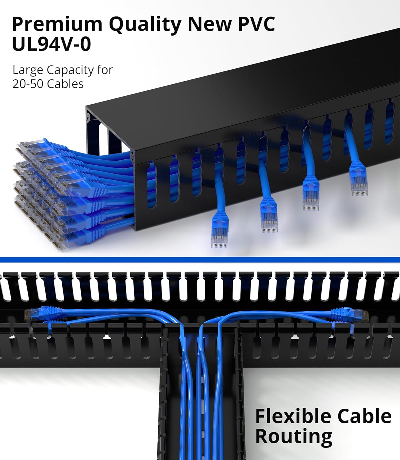 ZhiYo H2in x W2.4in Professional Server Rack Cable Management Raceway, 95in (4X L23.6in) Cable Raceway Kit, Electrically Safe PVC, Open Slot Wire Hider for Under Desk/Computer/Network Cords