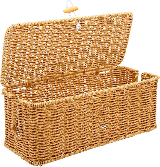 Cable Management Box, Handmade Imitation Rattan Cord Cable Organizer, Open Slots Cords Hider Box Cord Basket Under Desk Cord Organizer for Computer Router USB Hub & Power Strip