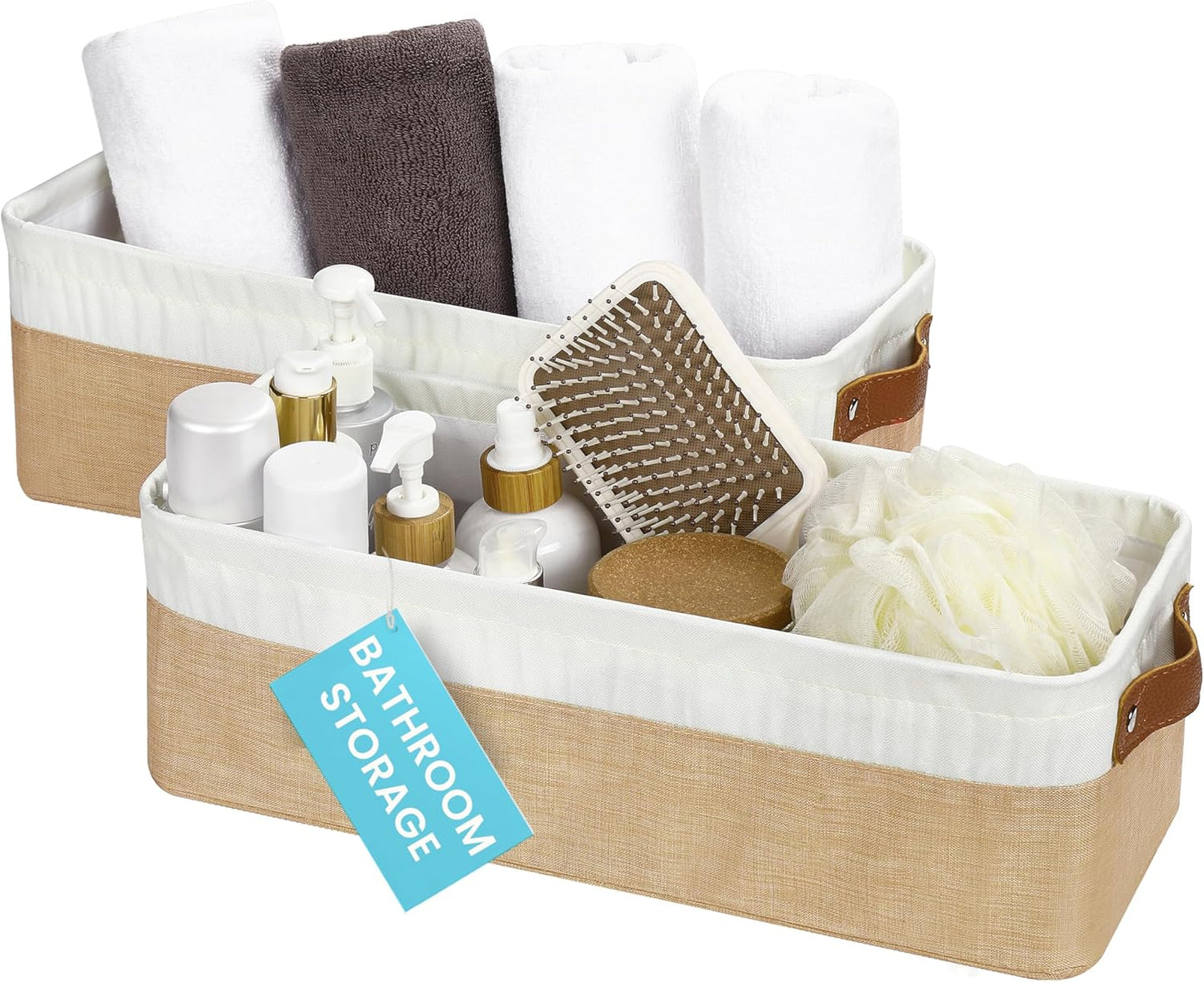 OrganiHaus Narrow Storage Bins 15x06in, Small Closet Bins for Shelves, Bathroom Storage Baskets for Shelves, Narrow Baskets, Fabric Organizer with Handles, Toilet Paper Organizer - 2 Pack, Beige