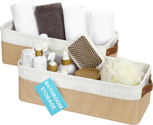 OrganiHaus Narrow Storage Bins 15x06in, Small Closet Bins for Shelves, Bathroom Storage Baskets for Shelves, Narrow Baskets, Fabric Organizer with Handles, Toilet Paper Organizer - 2 Pack, Beige