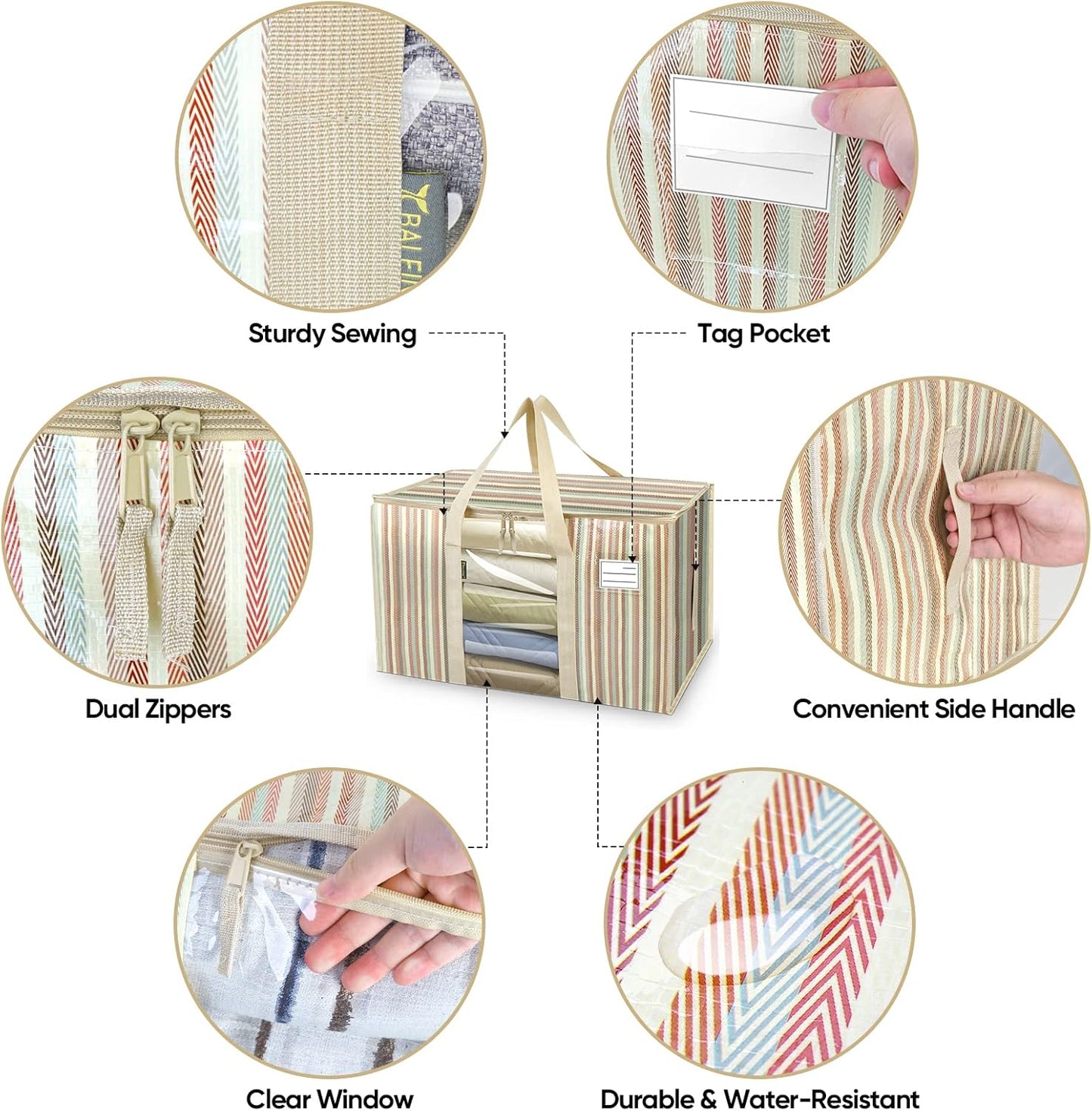 BALEINE 2-Pack Oversized Moving Bags with Reinforced Handles, Heavy-Duty Storage Tote Moving Supplies for Packaging, Camping (Color Stripe, 2-Pack)