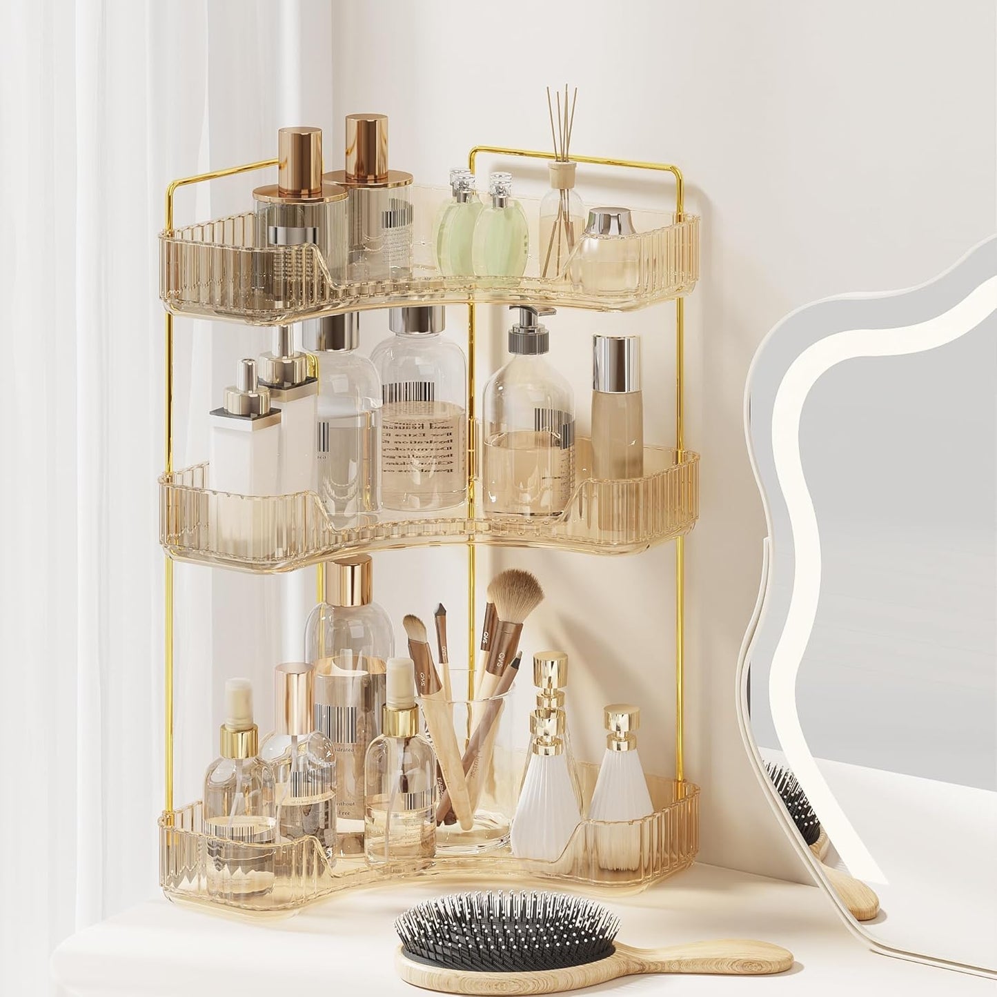 3-Tier Corner Bathroom Counter Organizer, Plastic Bathroom Organizer Countertop, Makeup Organizer for Vanity Perfume Tray Holder for Corner Storage, Amber